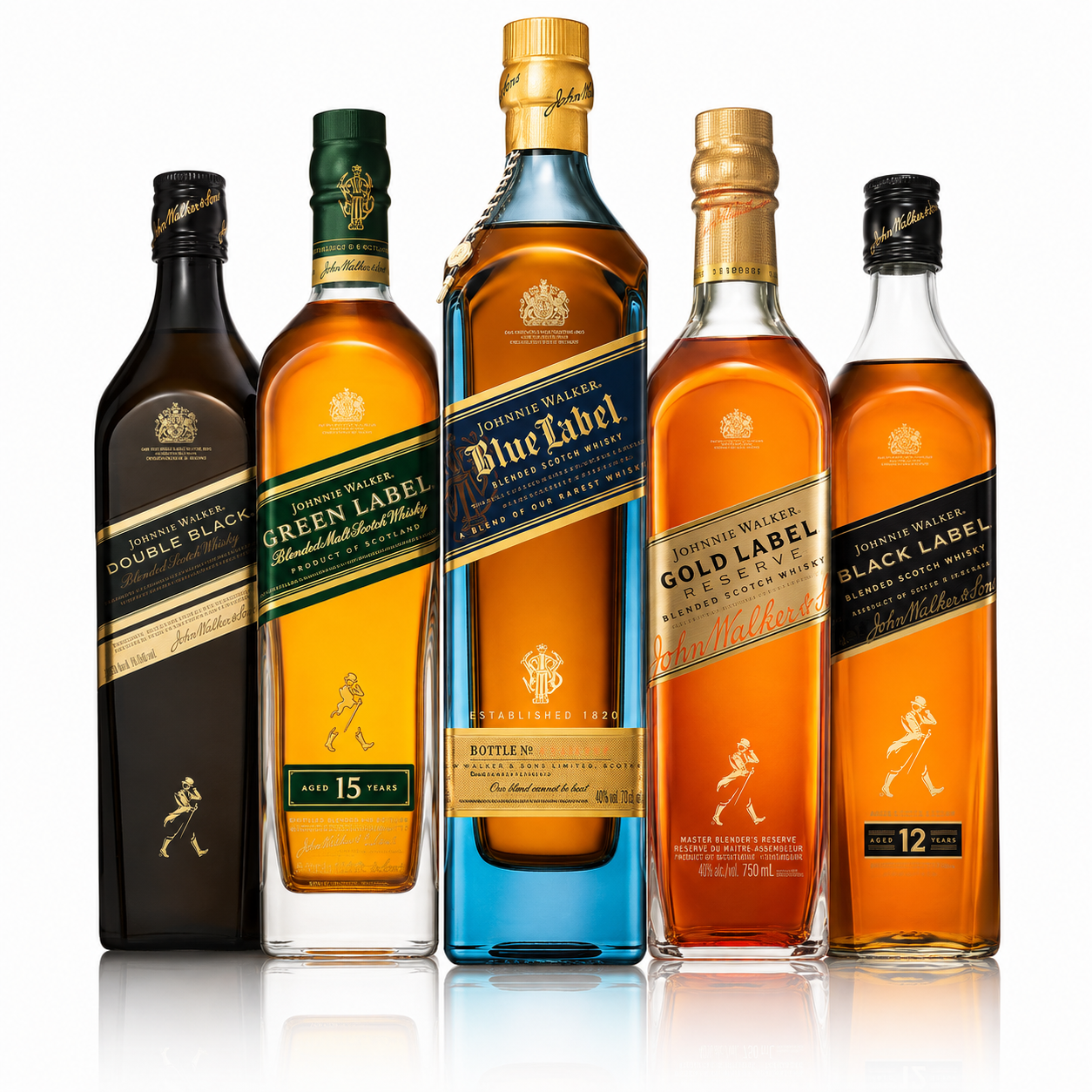 Double Black, Green Label, Blue Label, Gold Label Reserve e Black Label.